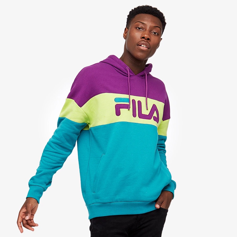 Men’s Fila Purple | Aqua | Lime Green Fleece Hoodie Sweatshirt Vintage 90s